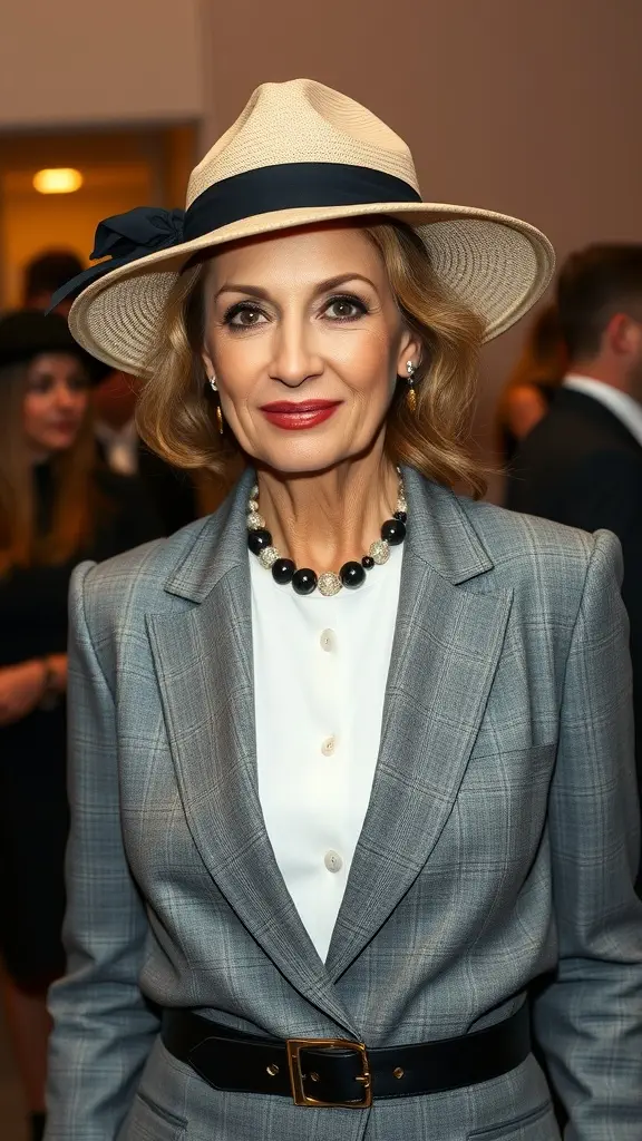 Woman wearing a stylish hat with a classic plaid suit, featuring a button-up shirt and a black belt.