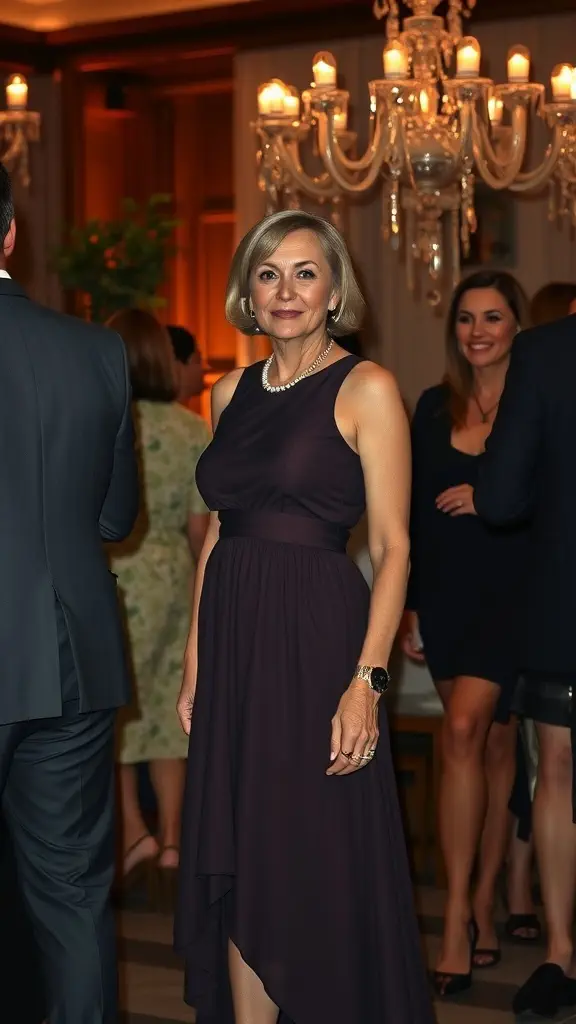 A woman in a deep plum high-low dress standing elegantly at an evening event.