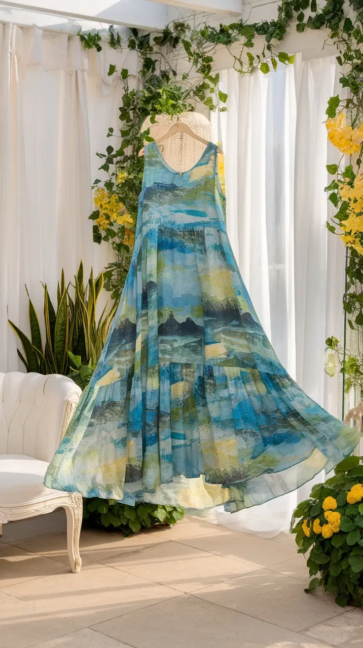 A vibrant maxi dress with blue and green patterns hanging in a bright setting surrounded by greenery.