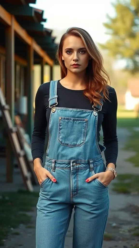 A woman wearing stylish denim overalls with a long-sleeve top, posing outdoors.