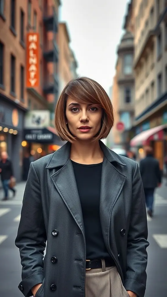 A woman with a stylish side-swept bob haircut in a city street.