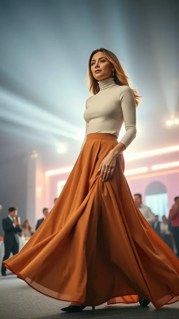Woman wearing a cream turtleneck and a burnt orange maxi skirt in an elegant evening setting.