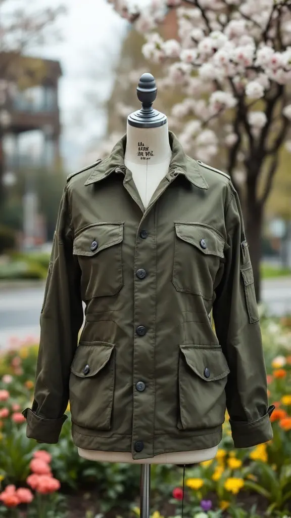 Olive green utility jacket displayed in a garden full of flowers.