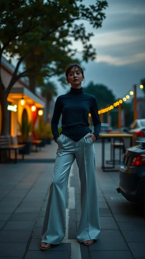 A woman wearing wide-leg trousers and a fitted turtleneck, standing in an outdoor setting.