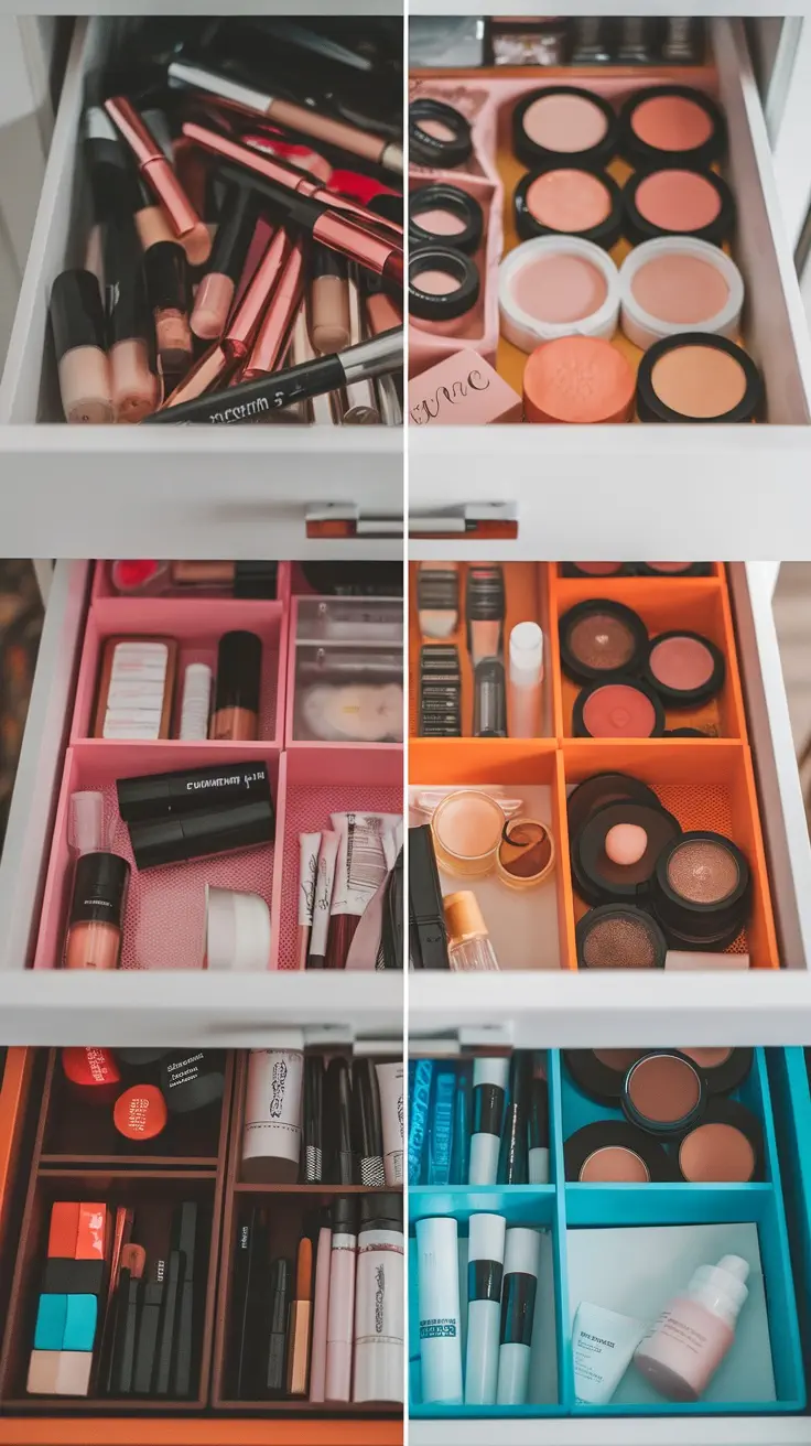 Organized makeup drawer with colorful compartments showing different beauty products.