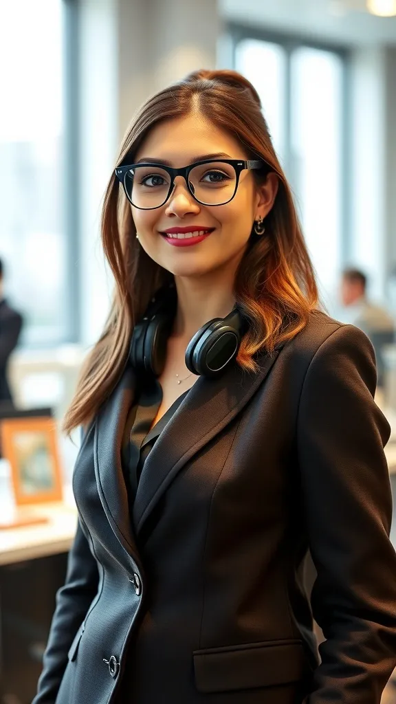 A person wearing a blazer and glasses at a modern workspace, looking focused while seated at a desk with a laptop and coffee.