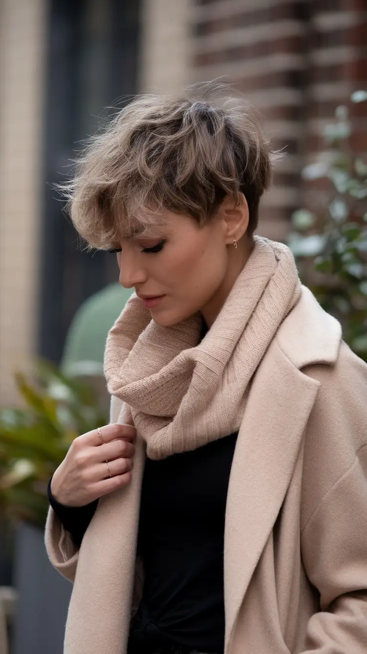 A woman with a textured short haircut, wearing a cozy scarf and a stylish coat, showcasing thick wavy hair.