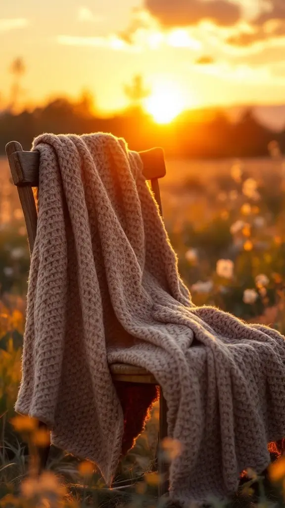 A knitted blanket draped over a wooden chair during sunset in a field