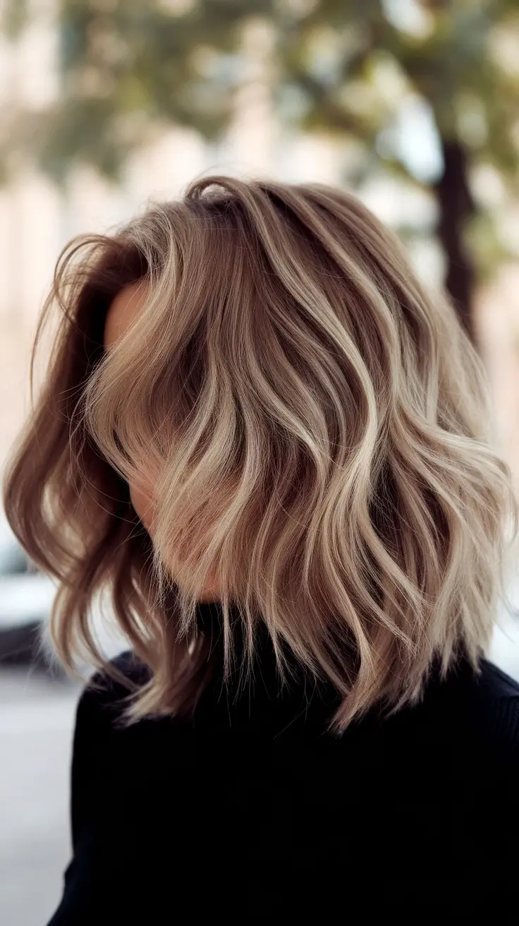 A woman with a textured lob haircut and soft waves, showcasing thick, wavy hair.