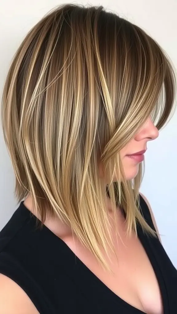 Textured long bob hairstyle with bangs, showcasing soft layers and warm color highlights
