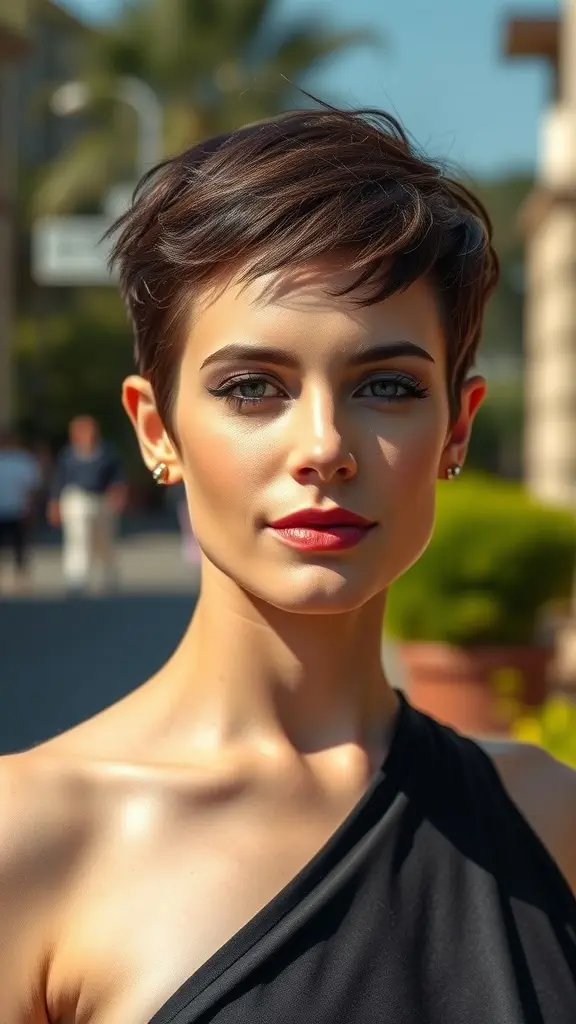 A woman with a textured pixie cut, looking confident and stylish.