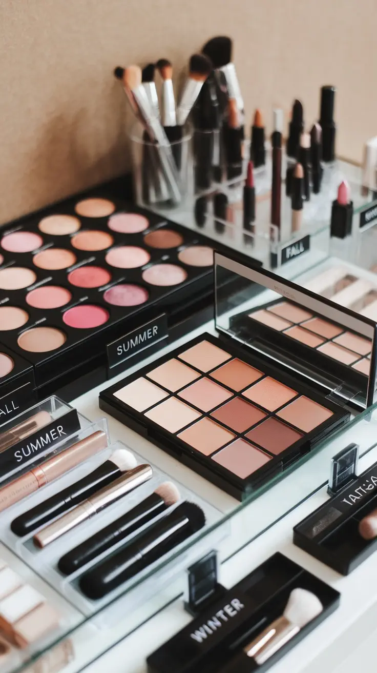 Organized makeup palettes and brushes categorized by seasons