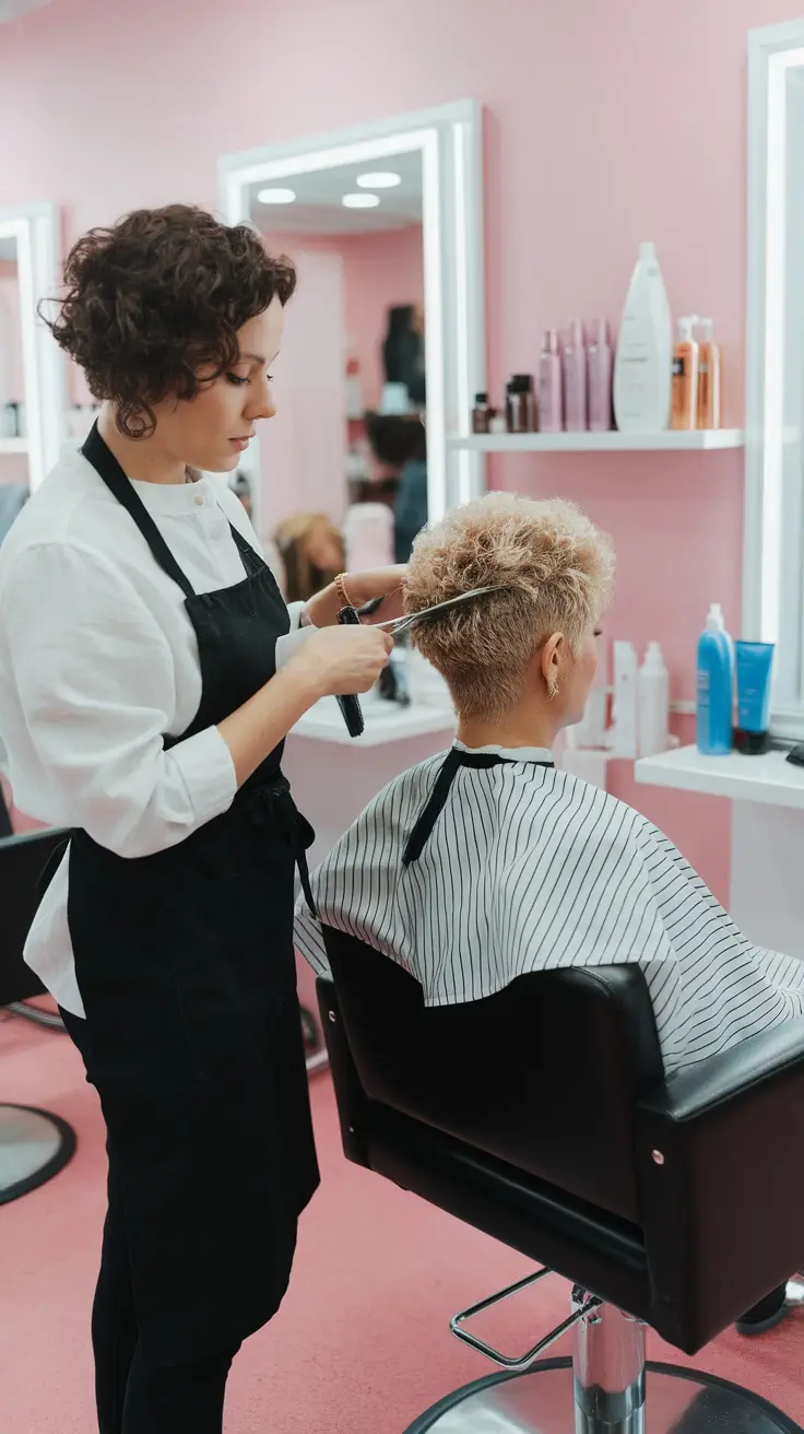 A hair stylist trimming short curly hair in a bright pink salon.