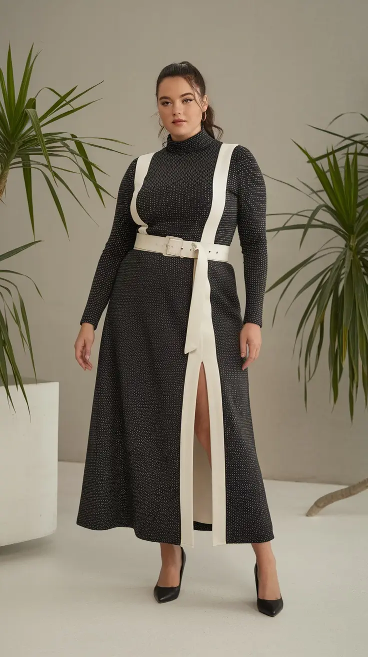 A plus size woman in a monochrome black and white outfit featuring a fitted top, high-slit skirt, and a belt.