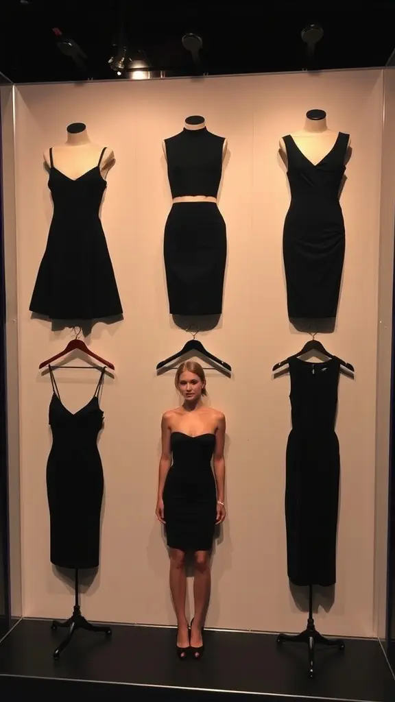 A display of various little black dresses on mannequins in a stylish setting.