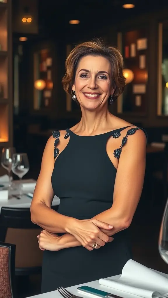 A woman in a black dress with unique shoulder detailing, smiling confidently in a restaurant setting.