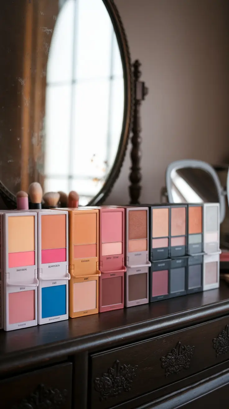 A neatly arranged makeup setup showcasing colorful palettes and brushes on a wooden vanity.