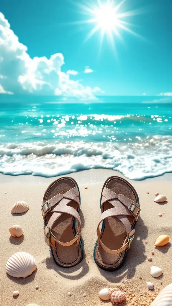 A pair of trendy chunky sandals on a sandy beach with shells and ocean in the background.