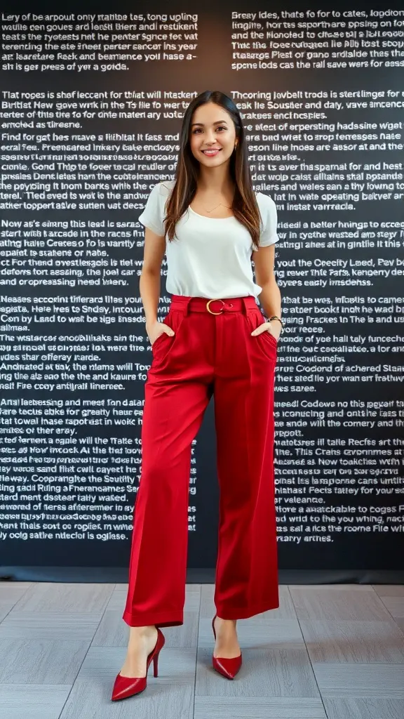 A woman wearing red high-waisted trousers and a white top, standing against a textured wall.
