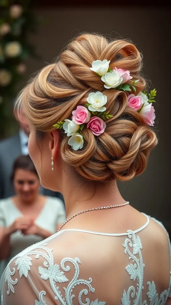 Elegant twisted updo hairstyle adorned with small floral accents.