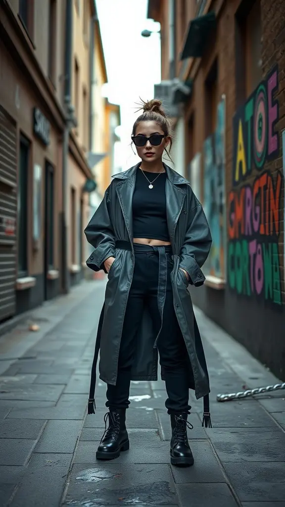 A woman in urban street style wearing a grey coat, black crop top, joggers, and chunky boots in an alleyway.