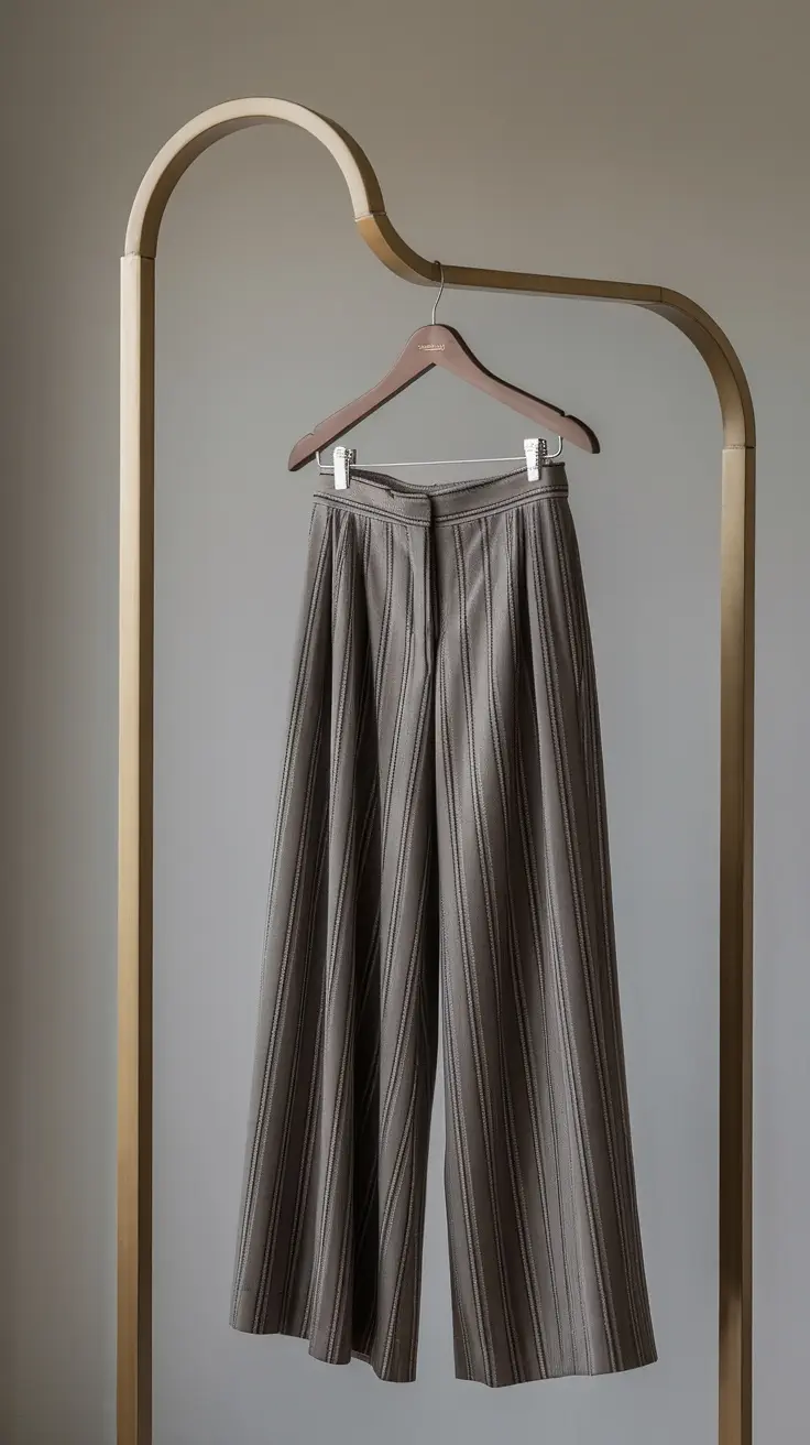 A pair of stylish wide-leg trousers hanging on a clothing rack.