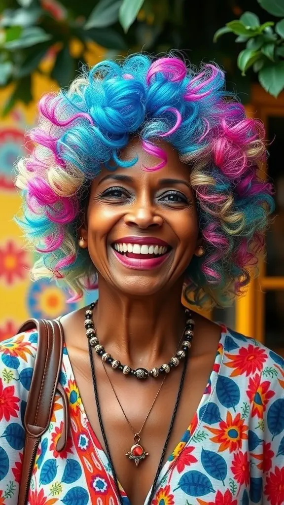 A woman with vibrant red curls smiling in a colorful street