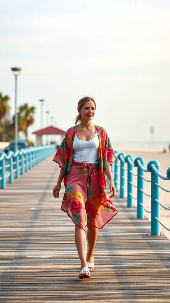 A woman walking on a boardwalk wearing a vibrant floral kimono over a white tank top, enjoying a sunny day.