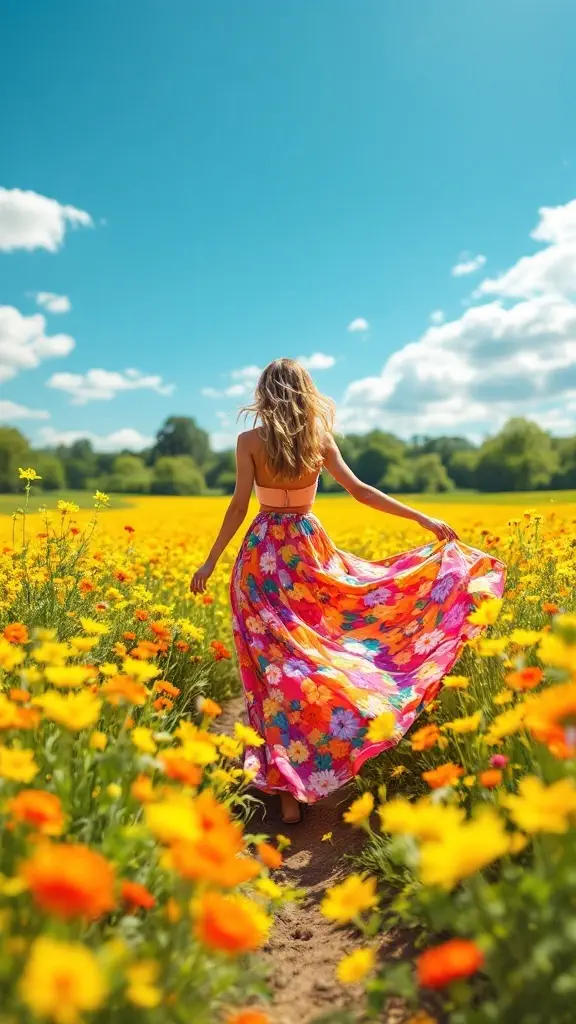 A woman wearing a colorful floral maxi skirt in a field of yellow flowers.