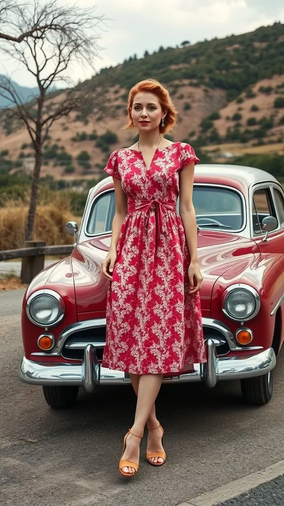 A woman in a vintage-inspired A-line dress standing next to a classic red car, set against a scenic backdrop.