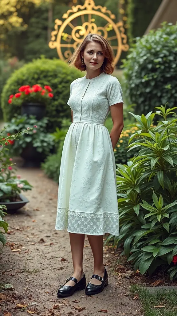 A woman in a vintage-inspired dress with Mary Janes, standing in a garden.