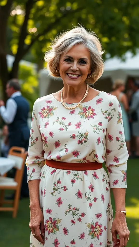 A woman in a vintage-inspired tea dress with floral patterns, smiling in a garden setting.