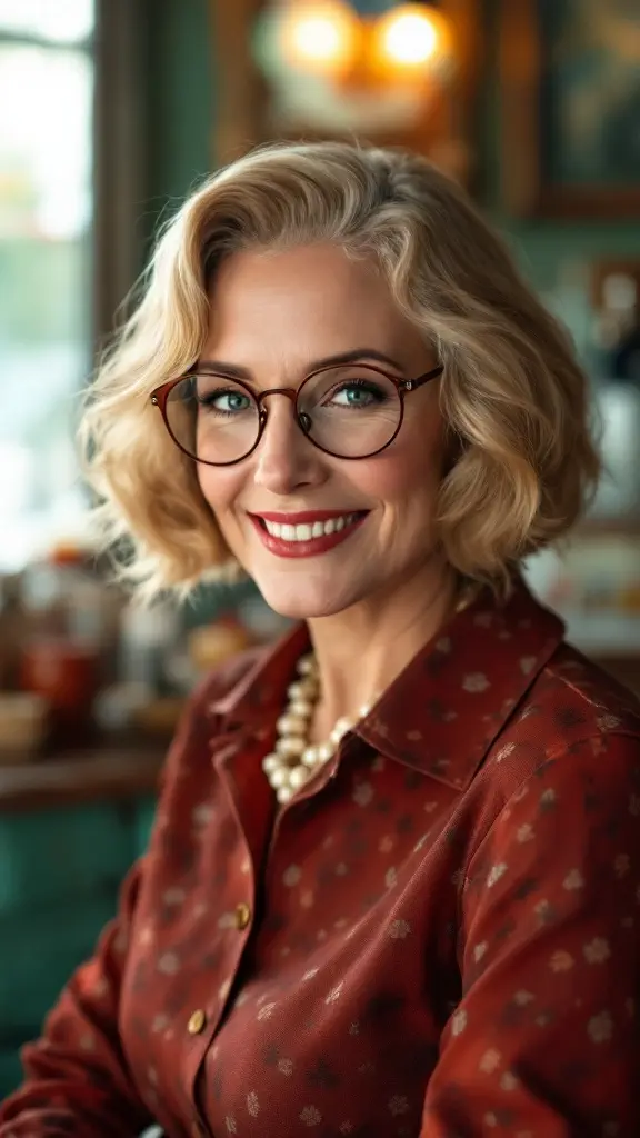 A woman with a vintage-inspired wavy bob hairstyle, smiling, wearing glasses and a red blouse.