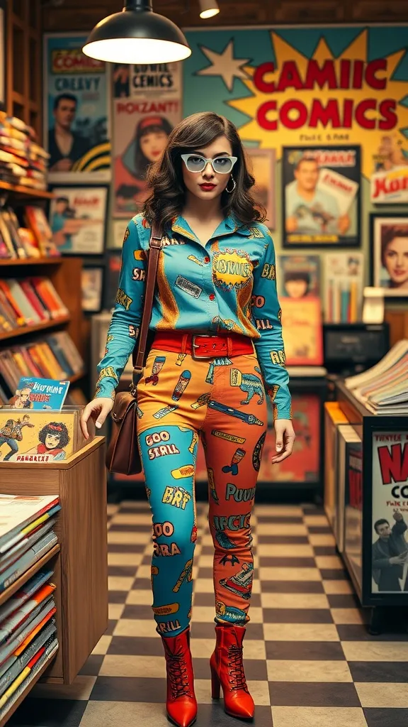 A person wearing a colorful striped shirt and blue shorts, standing in front of shelves filled with vintage comic books.