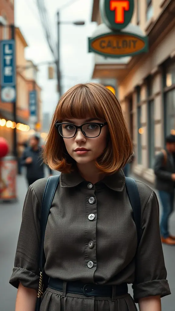 A model with a vintage long bob hairstyle, wearing oversized glasses and a stylish outfit in a city street setting.
