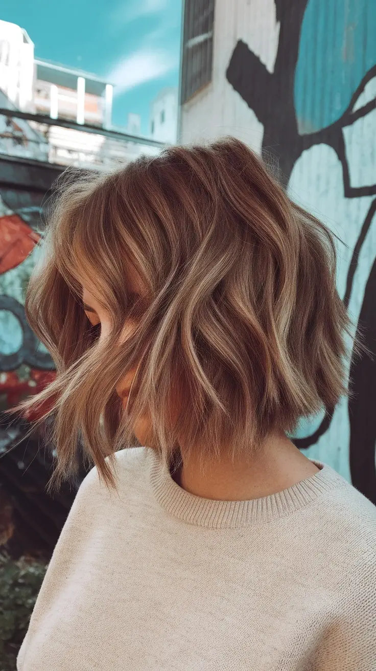 A woman with a wavy lob haircut, featuring an undercut, looking stylish and casual.