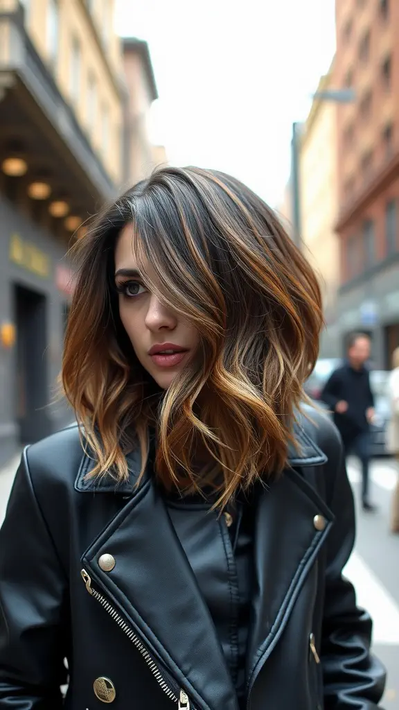 A stylish young woman with wavy long bob hairstyle and undercut, wearing a black leather jacket.