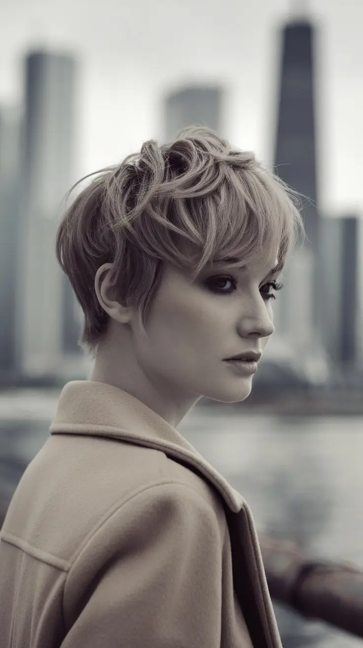 A woman with a wavy pixie cut, showcasing soft waves and a stylish look against a city backdrop.