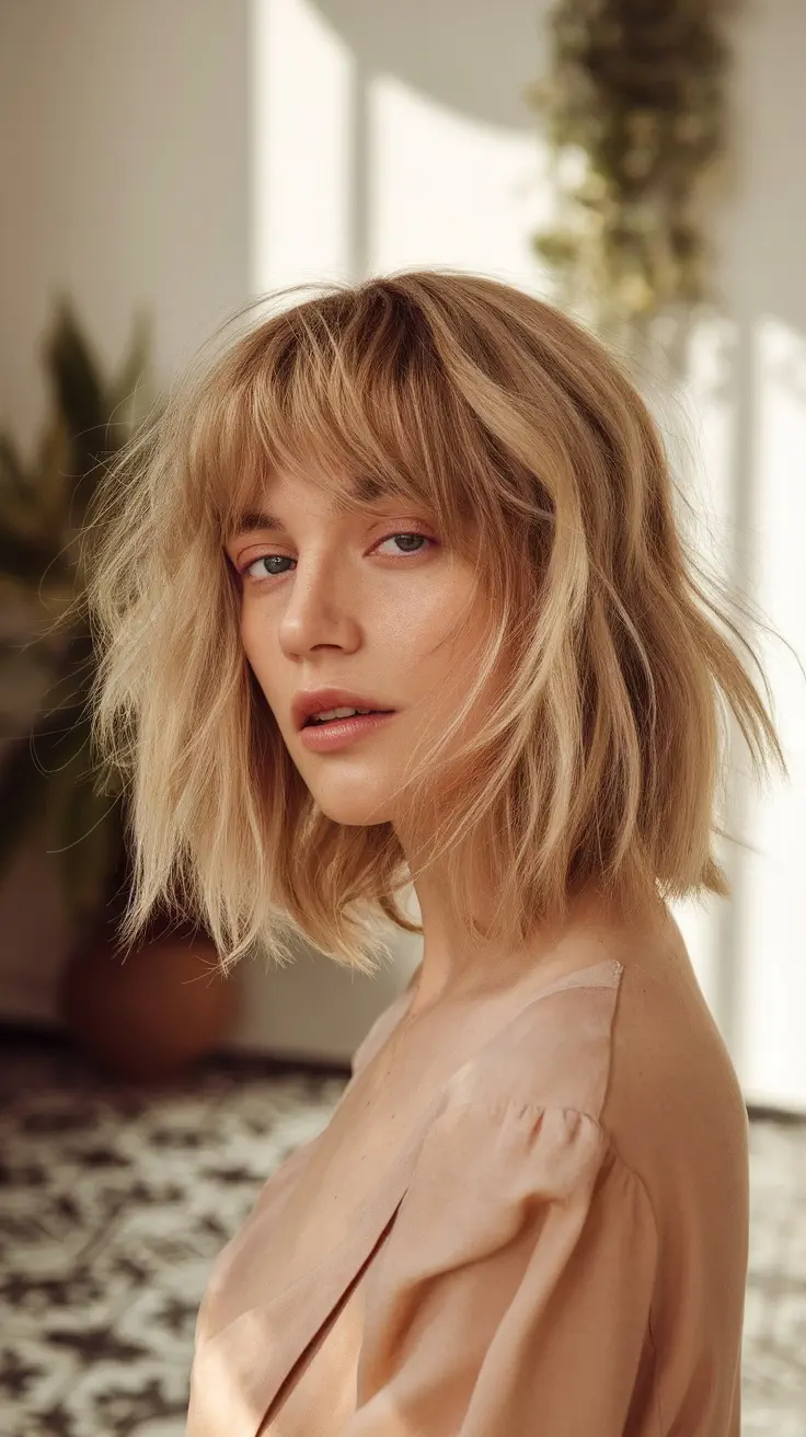 A woman with a wavy shag haircut featuring curtain bangs, showcasing a relaxed and stylish look.