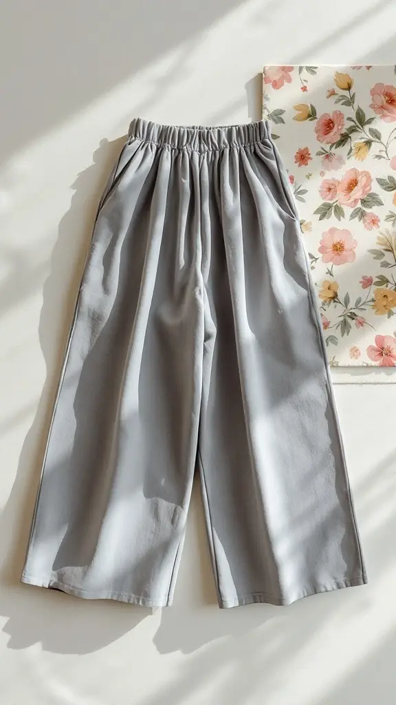 A pair of gray wide-leg trousers laid out next to a floral patterned fabric.