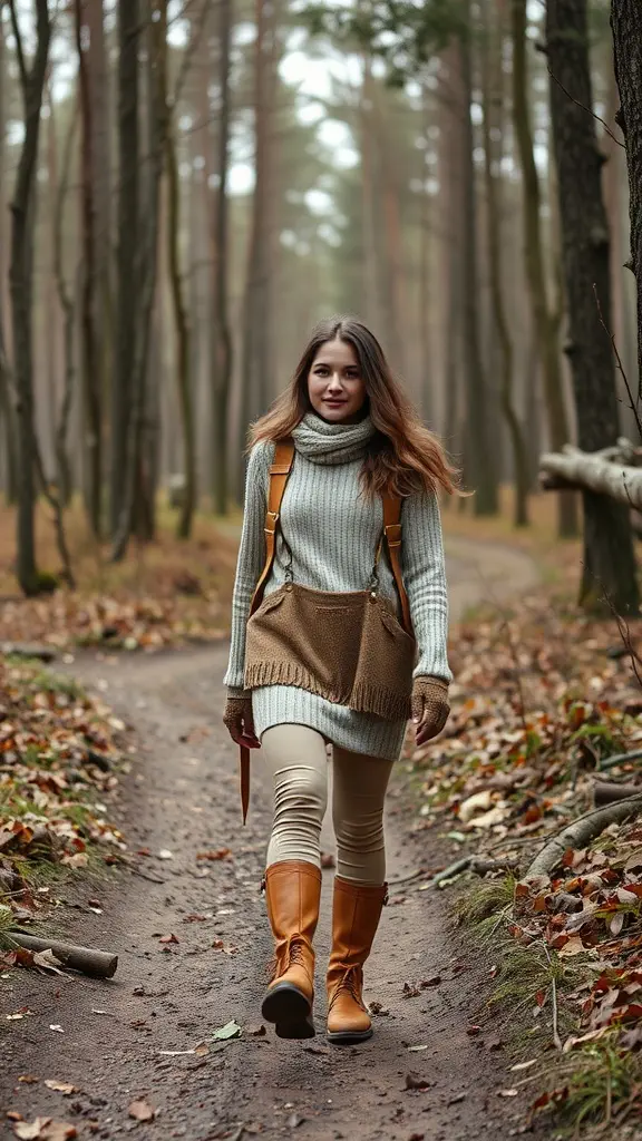 A woman walking on a forest path, wearing a cozy sweater, beige leggings, and brown knee-high boots.