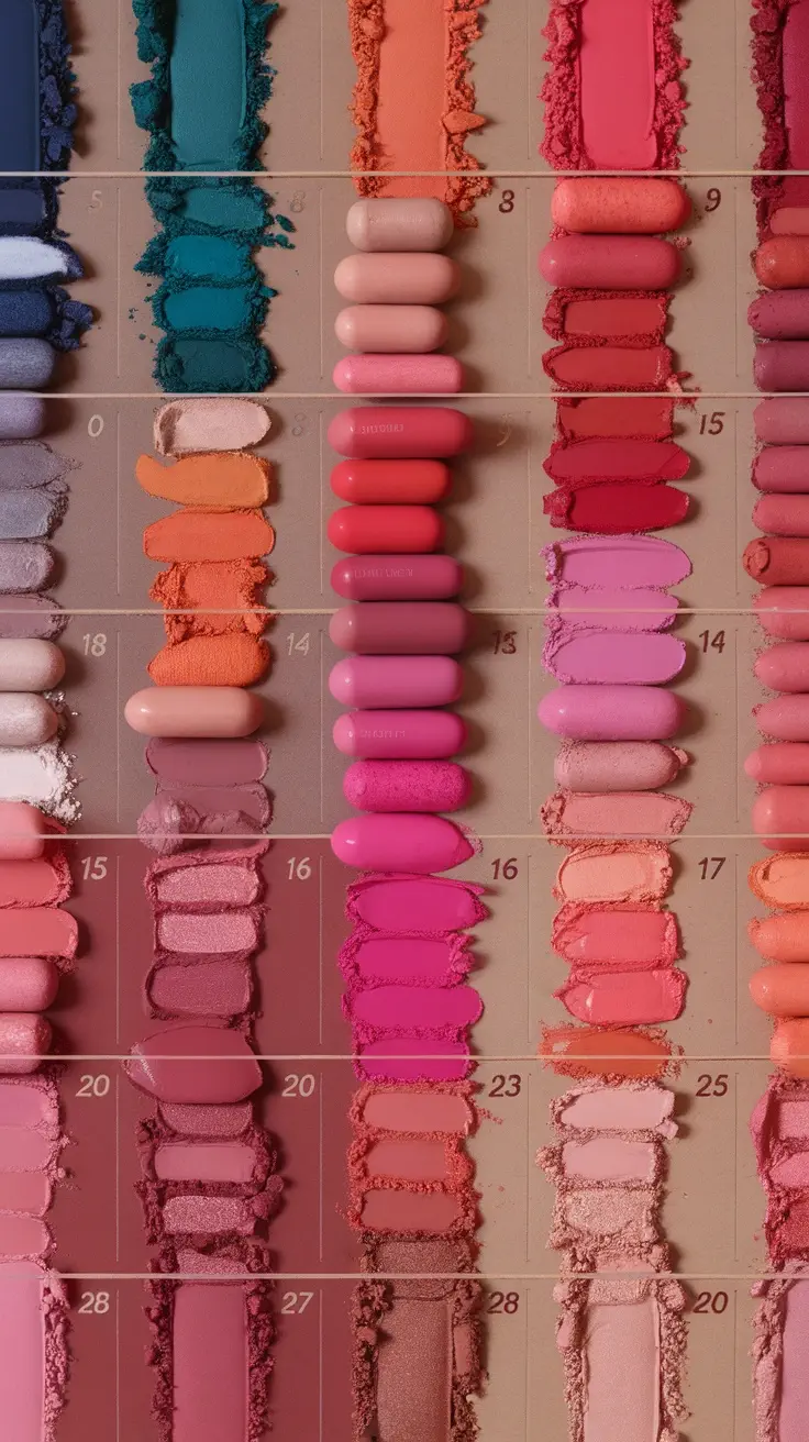 An array of colorful makeup swatches showcasing various shades and textures, perfect for seasonal beauty organization.
