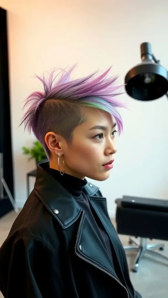 Asymmetrical spiky crop hairstyle with pastel purple and blue colors