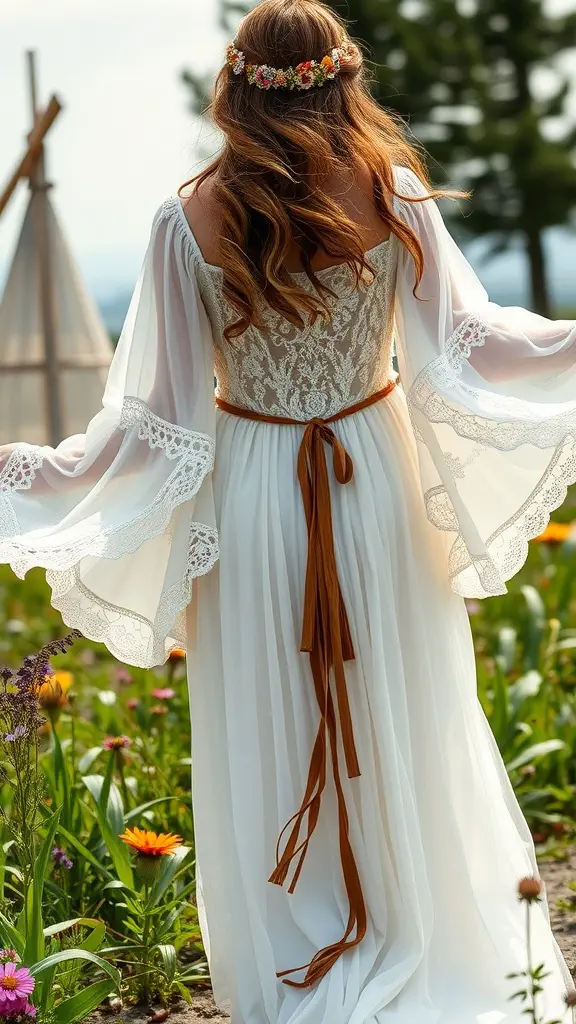 A bride in a bohemian wedding dress with bell sleeves and a floral crown, standing in a flower garden.