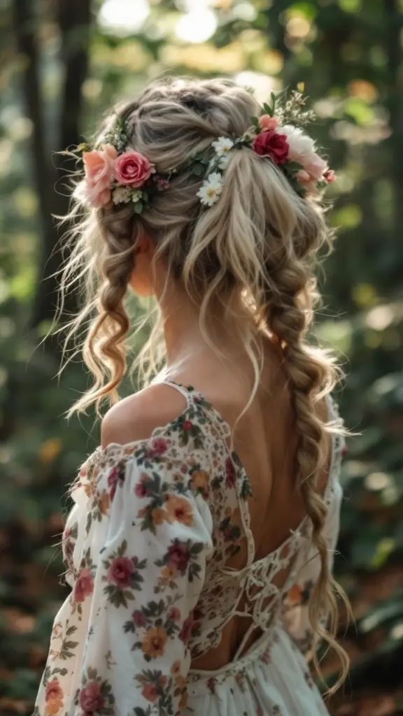 A young girl with braided pigtails and flowers in her hair, set against a floral background.