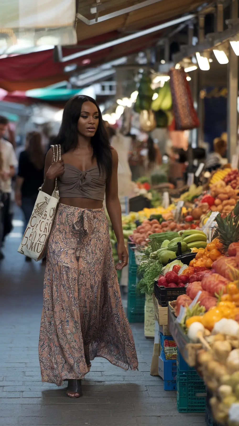 A woman walking through a market wearing a bohemian style skirt and a chic top.