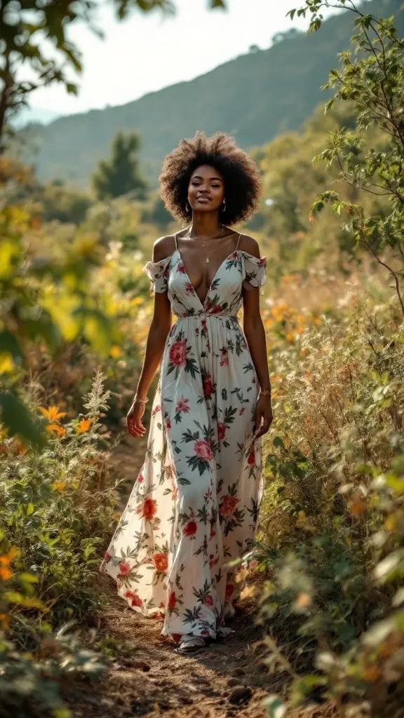 A woman in a floral maxi dress walking through a field.