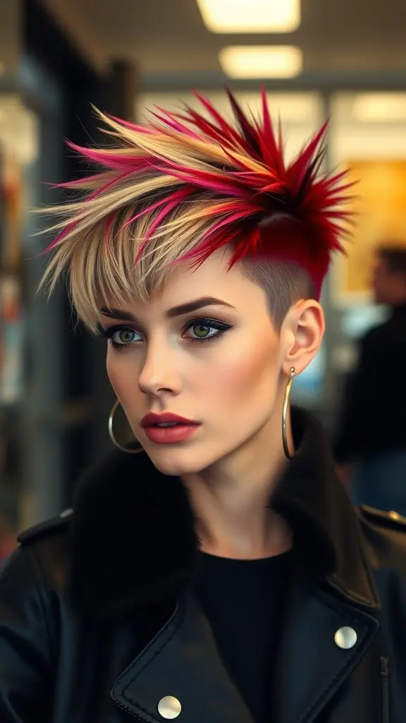 A back view of a person with a bold, short spiky haircut featuring vibrant green and pink colors.