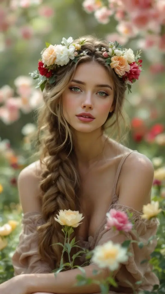 A woman with a braided crown hairstyle adorned with flowers, surrounded by blooming roses.