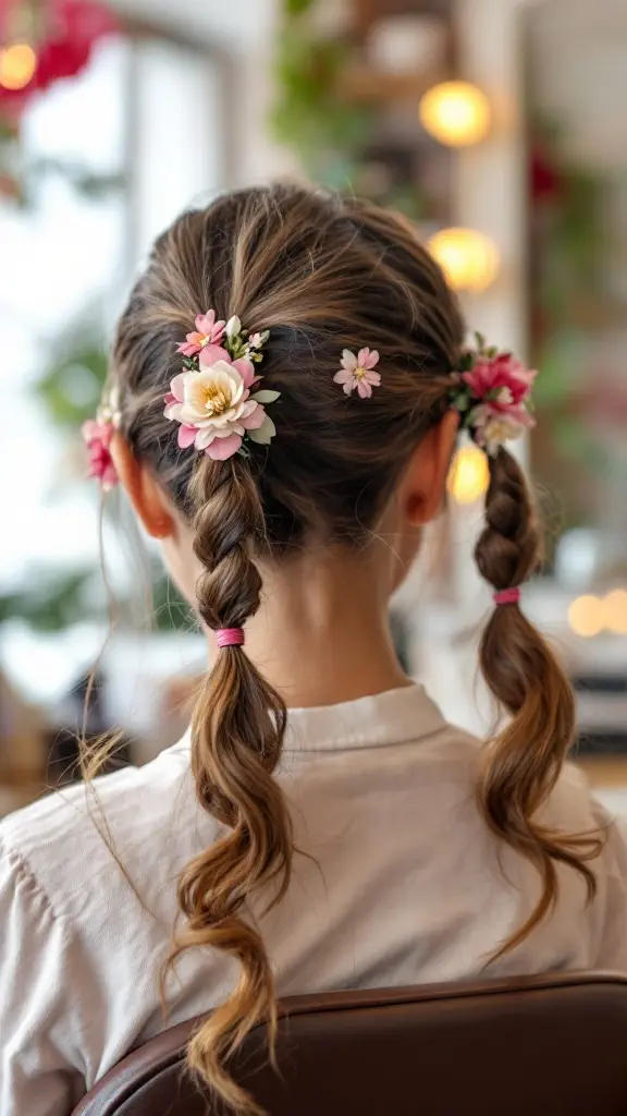 A girl with braided pigtails decorated with pink and white flowers, sitting in a cozy setting.